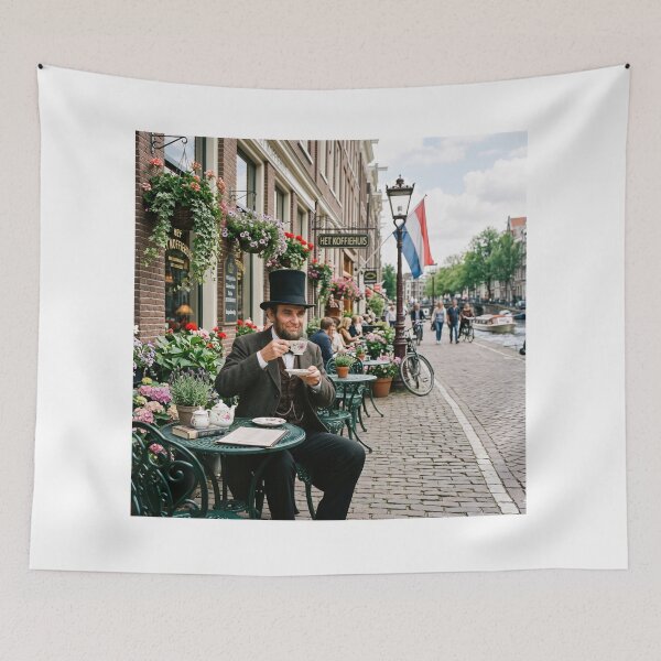 Item preview, Abraham Lincoln Drinking Tea at Amsterdam Canal Cafe designed and sold by NiceArtsPlace.