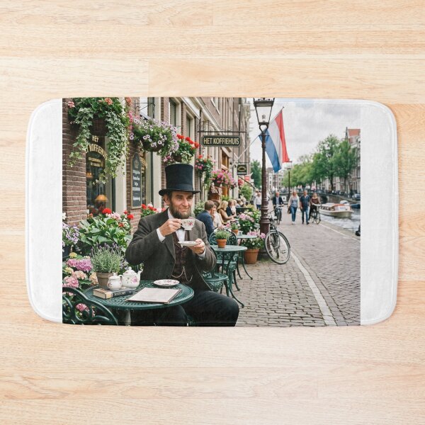 Item preview, Abraham Lincoln Drinking Tea at Amsterdam Canal Cafe designed and sold by NiceArtsPlace.