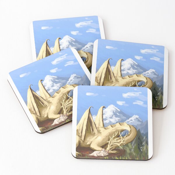 Item preview, Golden Dragon Caring for a Small Creature in a Mountain Meadow designed and sold by Catsi-Nook-Art.