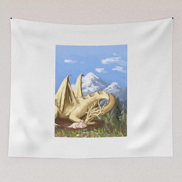 Item preview, Golden Dragon Caring for a Small Creature in a Mountain Meadow designed and sold by Catsi-Nook-Art.