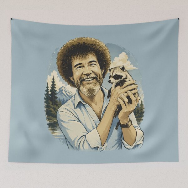 Artikelvorschau, Bob Ross inspirierte fröhliche kleine Bäume Waschbär Vintage Naturlandschaft Kunst Retro Maler Geschenk entworfen und verkauft von karamram.