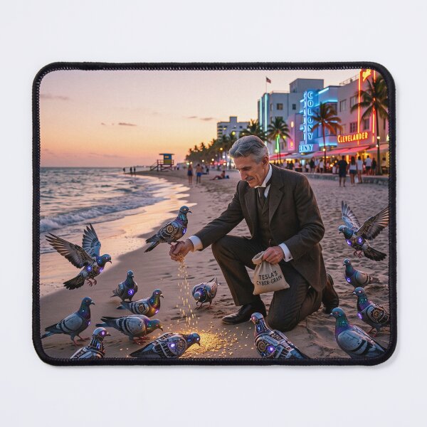 Item preview, Nikola Tesla Feeding Robotic Pigeons in Miami Beach designed and sold by NiceArtsPlace.
