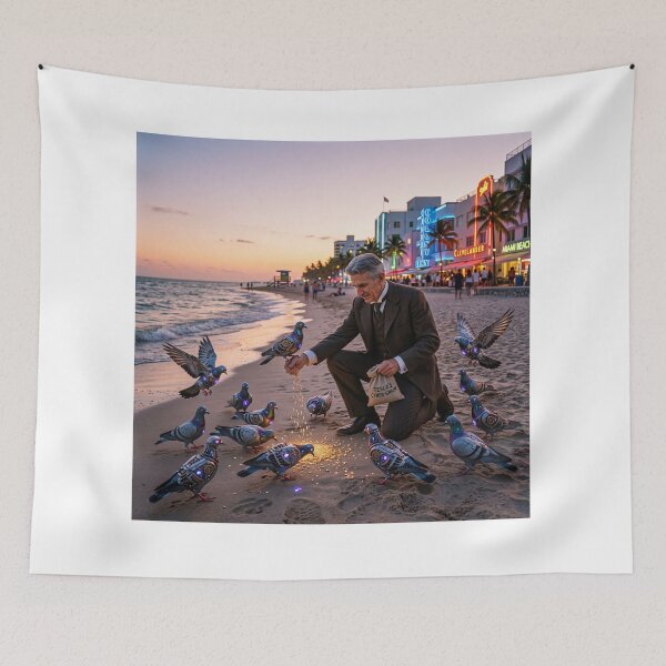 Item preview, Nikola Tesla Feeding Robotic Pigeons in Miami Beach designed and sold by NiceArtsPlace.