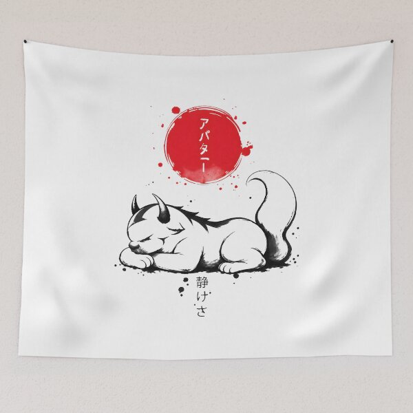 Item preview, Japanese Sumi-e Horned Spirit Cat Red Sun Ink Art designed and sold by lamiarte.
