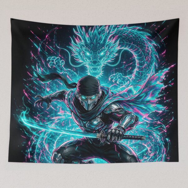 Item preview, Cyberpunk Ninja Neon Dragon - Futuristic Samurai Art designed and sold by Raloel Art.
