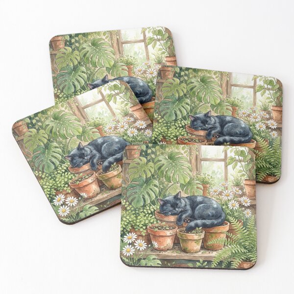 Item preview, Sleeping Black Cat in Houseplants Watercolor Botanical Art designed and sold by NiceArtsPlace.