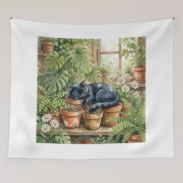 Item preview, Sleeping Black Cat in Houseplants Watercolor Botanical Art designed and sold by NiceArtsPlace.