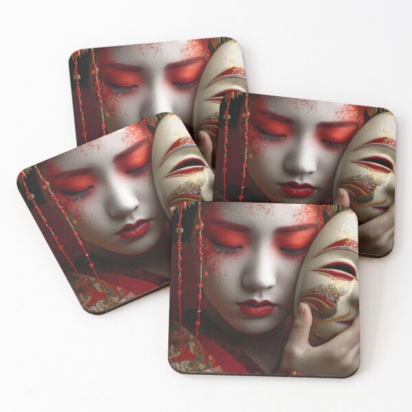 Item preview, Elegant Geisha with Mask and Red Kimono Artistry designed and sold by Artessie.