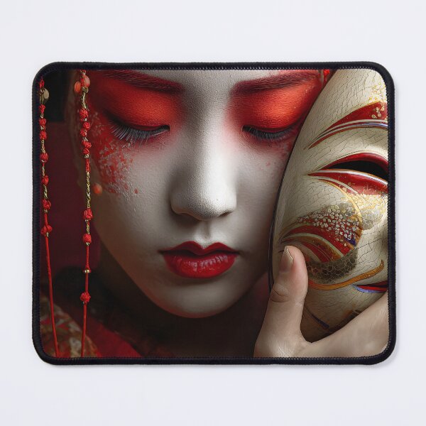 Item preview, Elegant Geisha with Mask and Red Kimono Artistry designed and sold by Artessie.