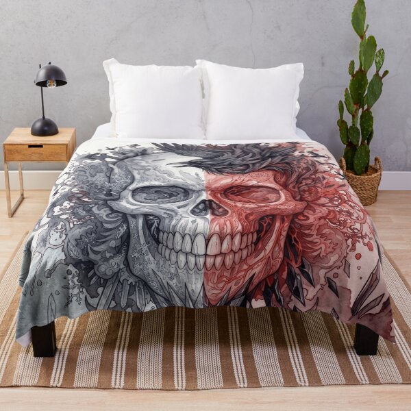 Item preview, Fire and Ice Skull Raven Crow Split Face Duality Dark Fantasy Watercolor Art designed and sold by MarCinu Art.