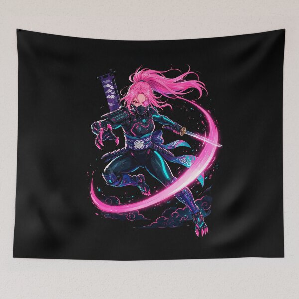 Item preview, Neon Pink Kunoichi Warrior - Cyberpunk Ninja Anime Art designed and sold by Raloel Art.