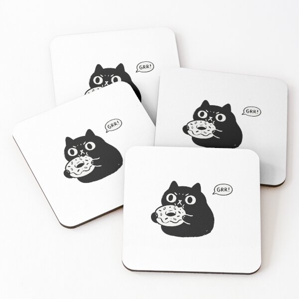 Item preview, "Hangry!" Funny Grumpy Black Cat Eating Donut Kawaii Art designed and sold by Cipher & Soul.