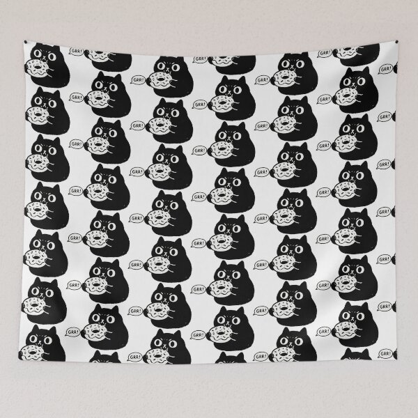 Item preview, "Hangry!" Funny Grumpy Black Cat Eating Donut Kawaii Art designed and sold by Cipher & Soul.