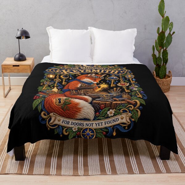 Item preview, The Midnight Keysmith – Mystical Embroidered Fox Medieval Fantasy Art designed and sold by Emoji Emblems.