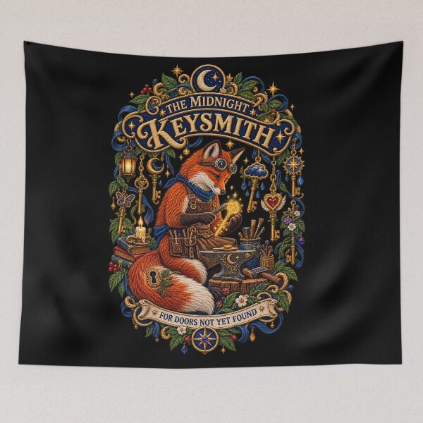 Item preview, The Midnight Keysmith – Mystical Embroidered Fox Medieval Fantasy Art designed and sold by Emoji Emblems.