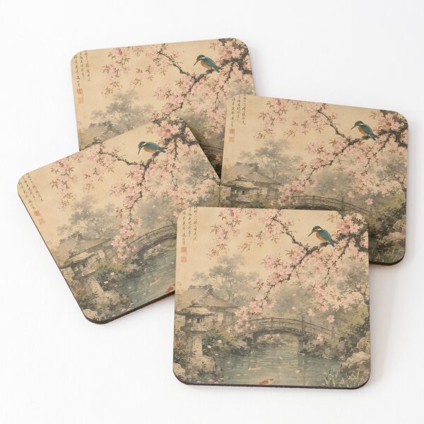 Item preview, Kingfisher under cherry blossoms – Japanese garden pond designed and sold by Kallandra.