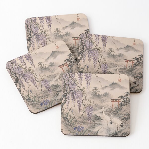 Item preview, Wisteria and cranes – Japanese river landscape in the fog designed and sold by Kallandra.