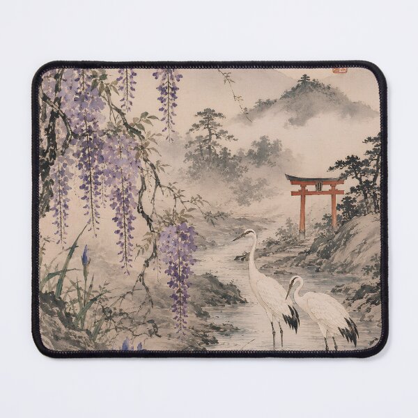 Item preview, Wisteria and cranes – Japanese river landscape in the fog designed and sold by Kallandra.