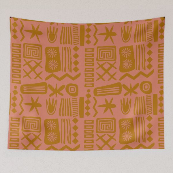 Item preview, Abstract Tribal Boho Organic Shapes Seamless Pattern Mustard and Salmon Pink designed and sold by Itaya Art.