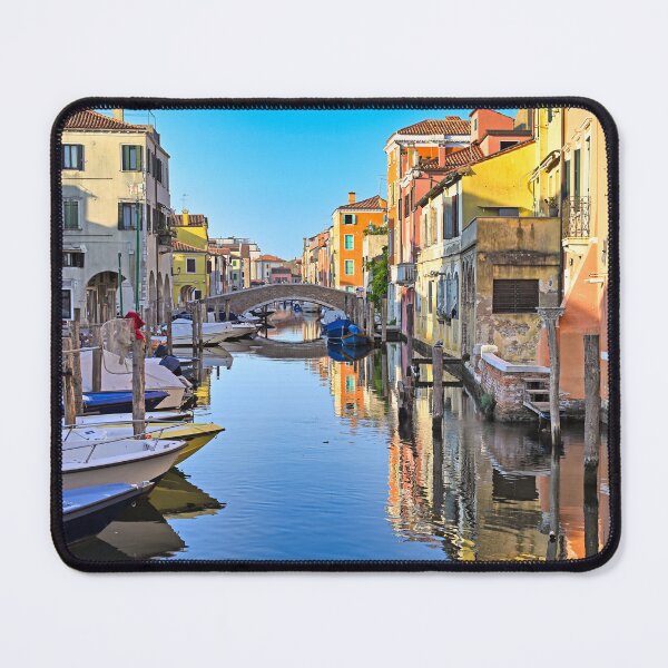 Item preview, Historic stone bridge and colorful houses over Canal Vena in Chioggia, Italy designed and sold by goceris.