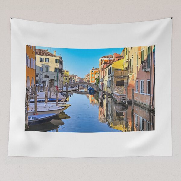 Item preview, Historic stone bridge and colorful houses over Canal Vena in Chioggia, Italy designed and sold by goceris.