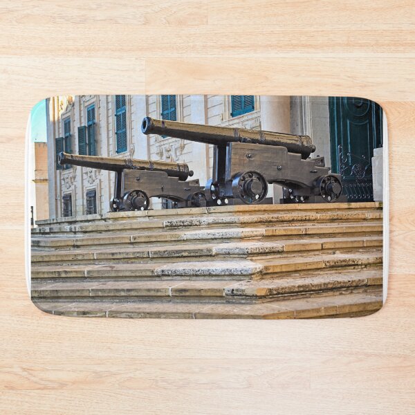 Item preview, Historic black cannons on stone steps of Auberge de Castille in Valletta, Malta designed and sold by goceris.