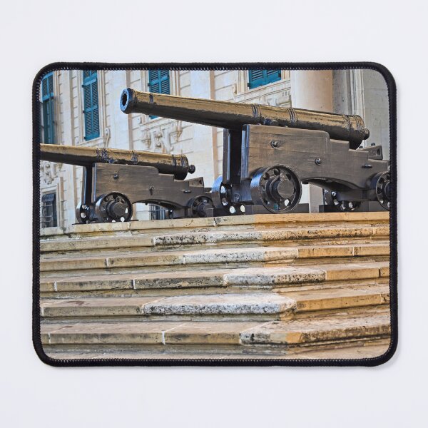 Item preview, Historic black cannons on stone steps of Auberge de Castille in Valletta, Malta designed and sold by goceris.