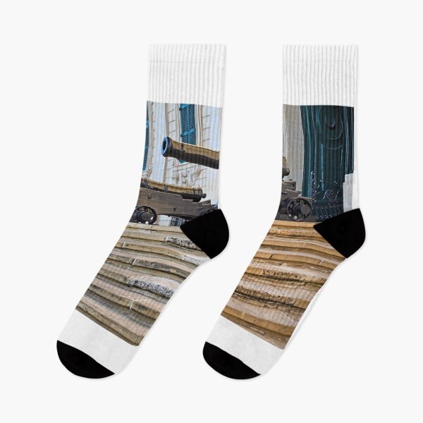 Item preview, Cañones negros históricos sobre las escaleras de piedra del Auberge de Castille en La Valeta, Malta. designed and sold by goceris.