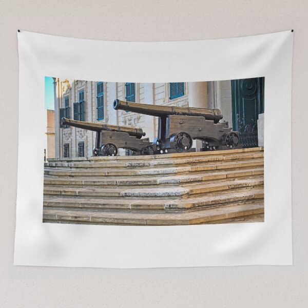 Item preview, Historic black cannons on stone steps of Auberge de Castille in Valletta, Malta designed and sold by goceris.