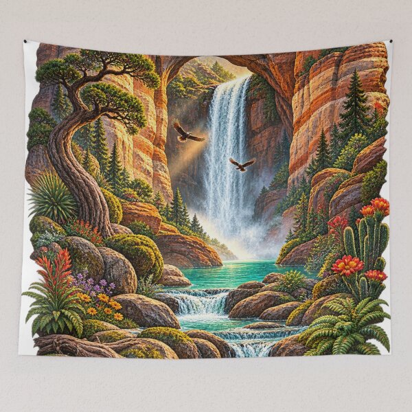Item preview, Natural Stone Arch Waterfall Canyon Landscape Art Print designed and sold by irfanshikh.