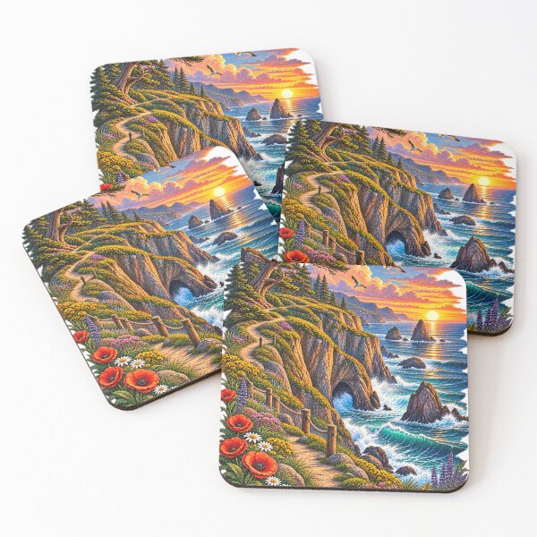 Item preview, Coastal Cliff Path Sunset Poppies Sea Rocks Landscape Art Print designed and sold by irfanshikh.