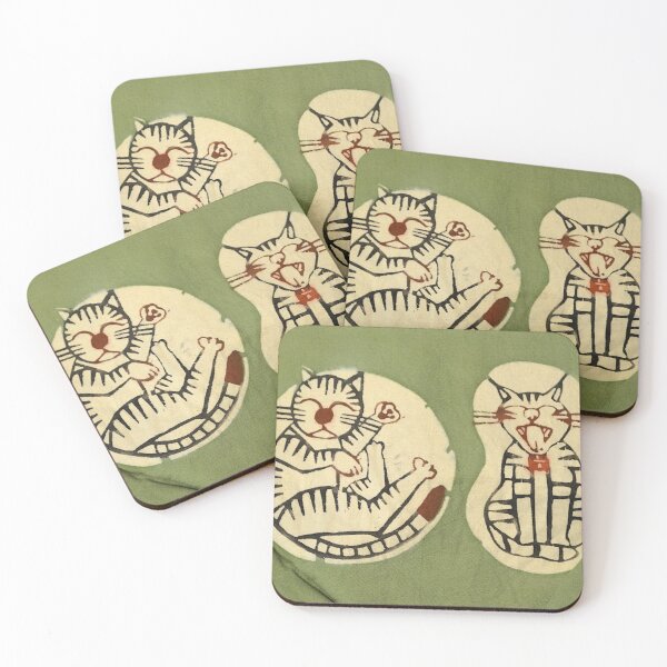 Item preview, Charming Woodblock Printed Cats on Green Cloth designed and sold by MiraNadaPrints.