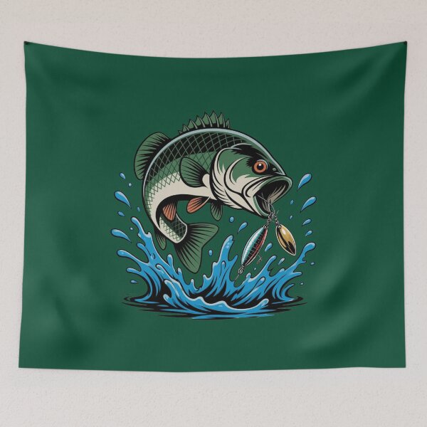 Item preview, Aggressive Bass Fishing Lure Vector Art – Large Mouth Bass Striking Spinnerbait designed and sold by NeonSketch Lab.