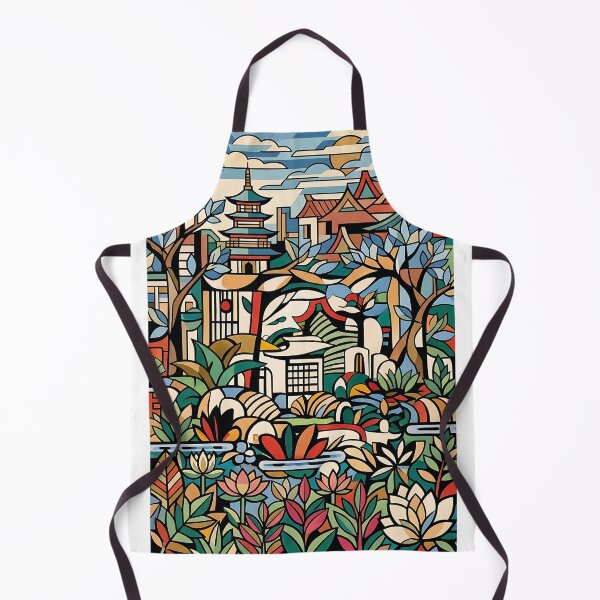 Item preview, Asian Stained Glass Garden – Pagodas, Lotus and Colorful Japanese Landscape designed and sold by Georgiale.