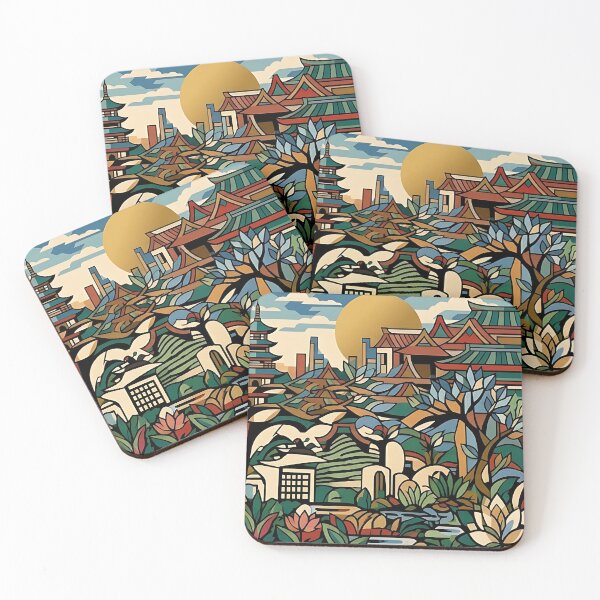 Item preview, Asian Stained Glass Garden – Pagodas, Lotus and Colorful Japanese Landscape designed and sold by Georgiale.