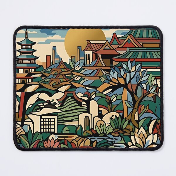 Item preview, Asian Stained Glass Garden – Pagodas, Lotus and Colorful Japanese Landscape designed and sold by Georgiale.