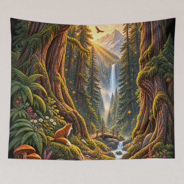 Item preview, Mystical Giant Redwood Forest with Golden Light Stream Art Print designed and sold by irfanshikh.