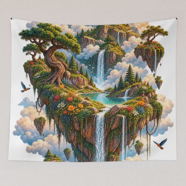 Item preview, Fantasy Floating Island with Waterfalls Surreal Landscape Art designed and sold by irfanshikh.