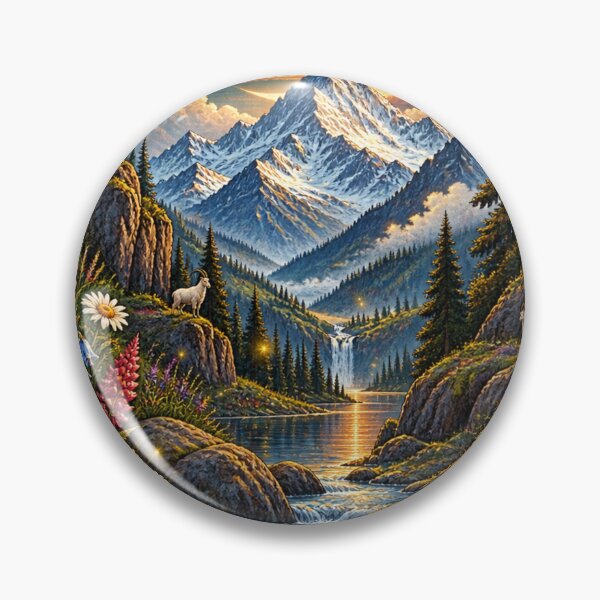 Item preview, Mountain Valley Stream Wildflower Landscape Crescent Moon Art Print designed and sold by irfanshikh.