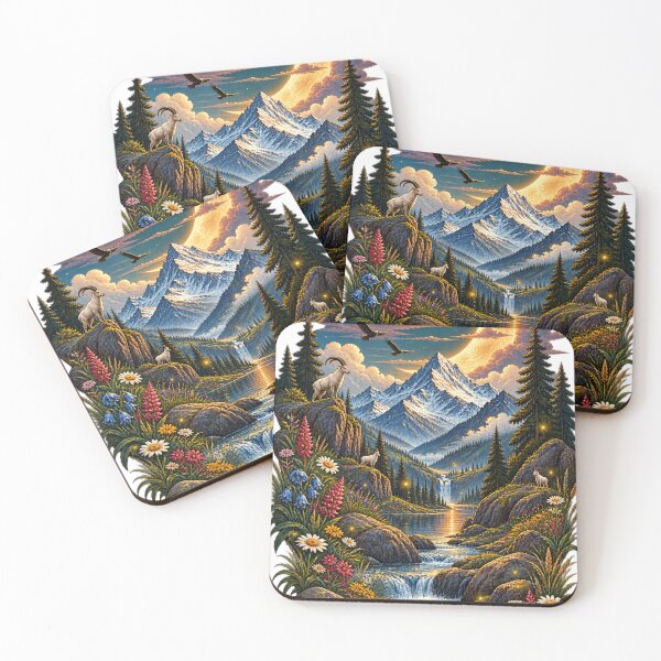 Item preview, Mountain Valley Stream Wildflower Landscape Crescent Moon Art Print designed and sold by irfanshikh.