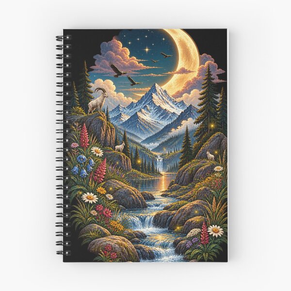 Item preview, Mountain Valley Stream Wildflower Landscape Crescent Moon Art Print designed and sold by irfanshikh.