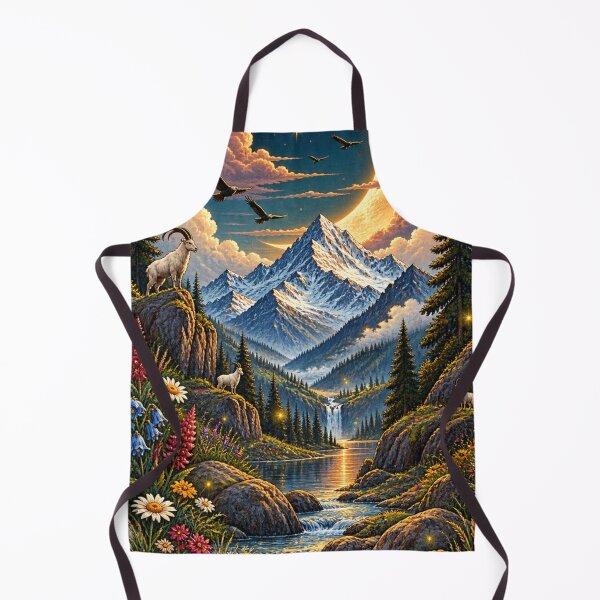Item preview, Mountain Valley Stream Wildflower Landscape Crescent Moon Art Print designed and sold by irfanshikh.
