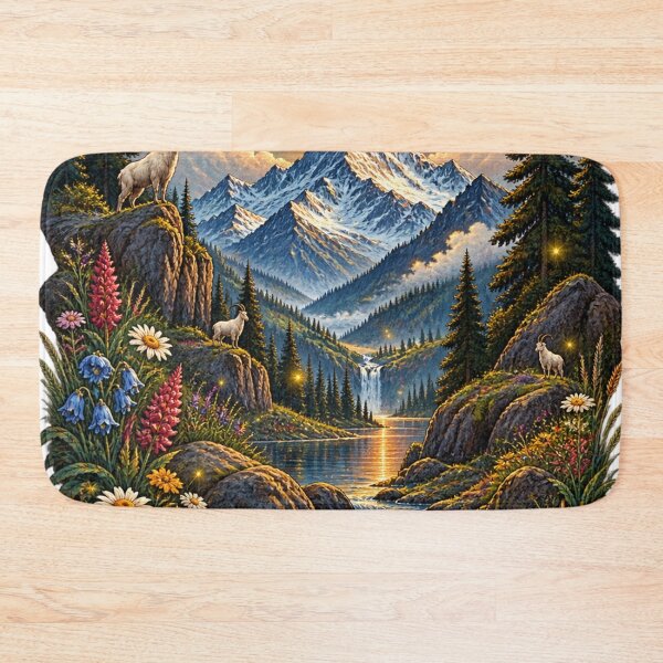 Item preview, Mountain Valley Stream Wildflower Landscape Crescent Moon Art Print designed and sold by irfanshikh.