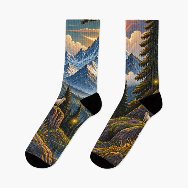 Item preview, Mountain Valley Stream Wildflower Landscape Crescent Moon Art Print designed and sold by irfanshikh.