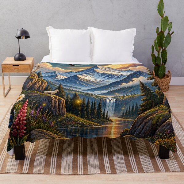 Item preview, Mountain Valley Stream Wildflower Landscape Crescent Moon Art Print designed and sold by irfanshikh.