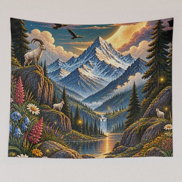 Item preview, Mountain Valley Stream Wildflower Landscape Crescent Moon Art Print designed and sold by irfanshikh.