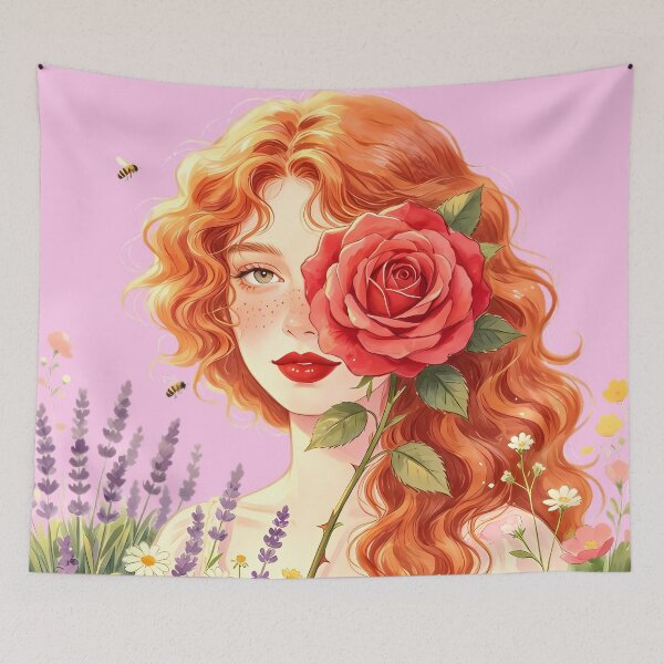 Item preview, Cottagecore Redhead Girl with Red Rose and Wildflowers designed and sold by Bondingbonding.