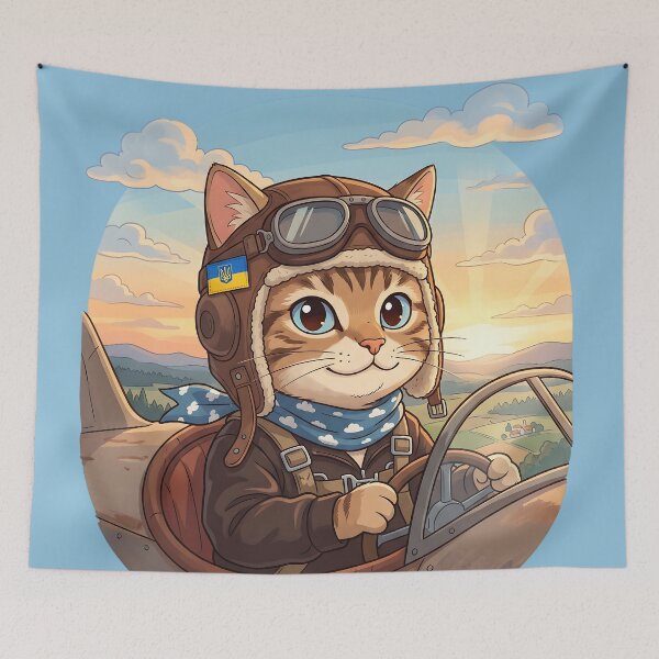 Item preview, Brave Ukrainian Cat Pilot Vintage Aviator Anime Mascot designed and sold by KreonaTime.