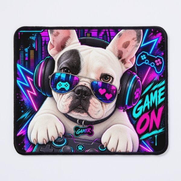 Item preview, Funny Gamer French Bulldog - Game On Neon Synthwave designed and sold by FrenchiesTheMoneyEaters.