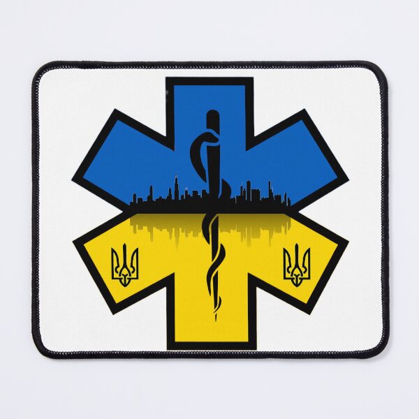 Item preview, Ukraine Ukrainian Flag with Tryzubs behind Chicago Skyline EMS Star of Life  designed and sold by FireEMSDesigns.